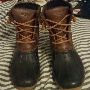 Tan and Navy Sperry Duck Boots